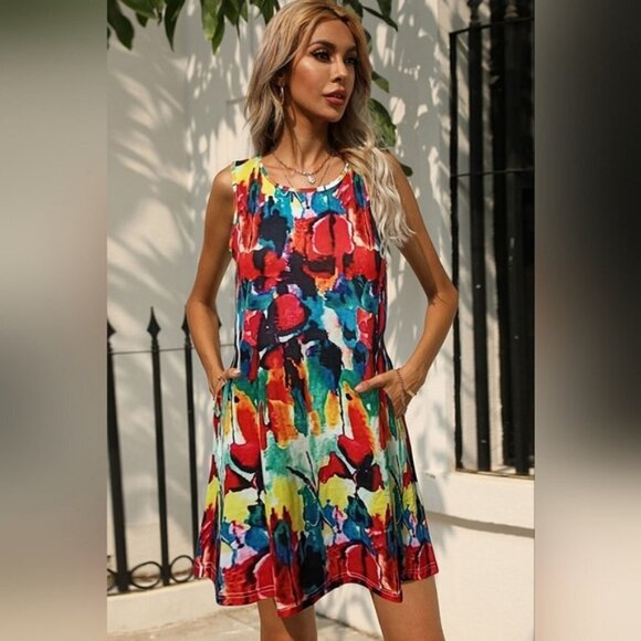Perfect Summer Printed Round Neck Sleeveless Dress with Pockets - NWOT - Picture 1 of 6